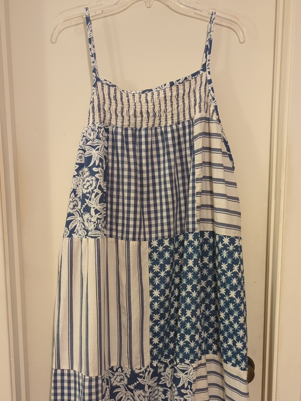 Universal Thread Blue & White Patchwork Sundress with Smocked Top